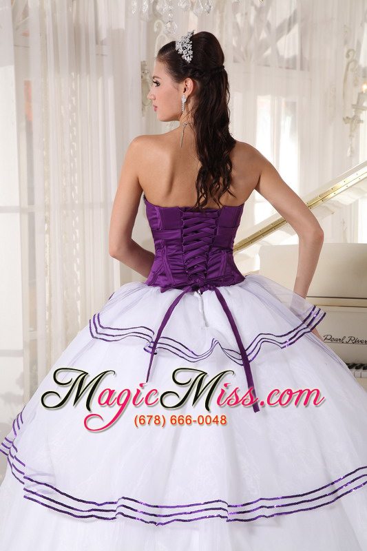 wholesale white and purple ball gown strapless floor-length organza appliques quinceanera dress