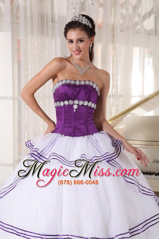 wholesale white and purple ball gown strapless floor-length organza appliques quinceanera dress