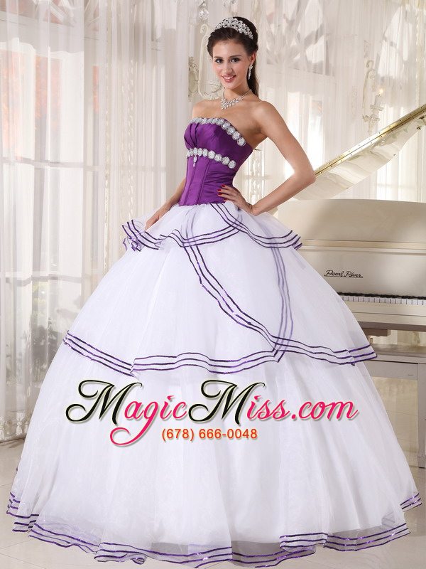 wholesale white and purple ball gown strapless floor-length organza appliques quinceanera dress