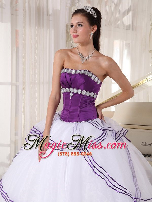 wholesale white and purple ball gown strapless floor-length organza appliques quinceanera dress