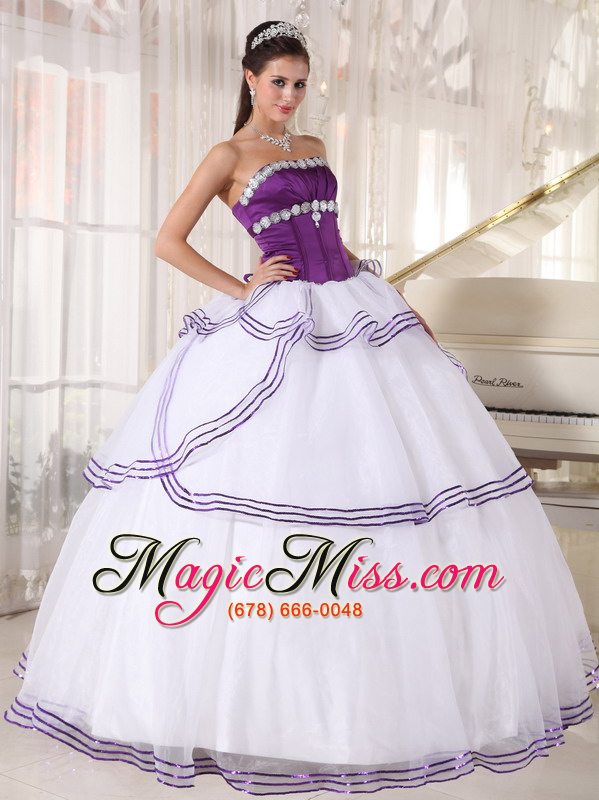 wholesale white and purple ball gown strapless floor-length organza appliques quinceanera dress