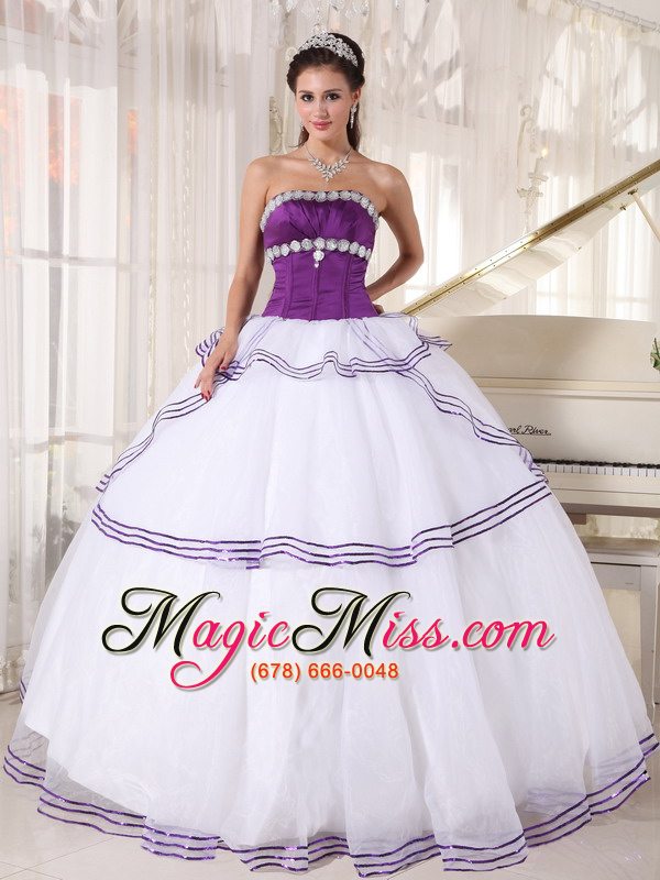 wholesale white and purple ball gown strapless floor-length organza appliques quinceanera dress