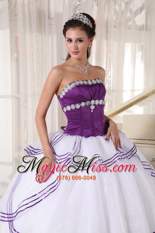 wholesale white and purple ball gown strapless floor-length organza appliques quinceanera dress