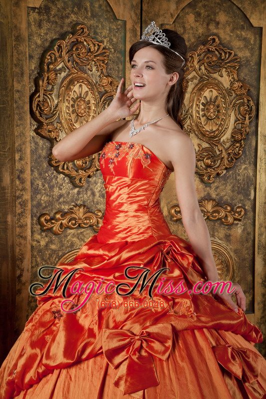 wholesale orange red ball gown strapless floor-length pick-ups taffeta quinceanera dress