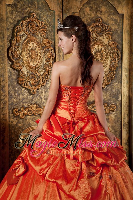 wholesale orange red ball gown strapless floor-length pick-ups taffeta quinceanera dress