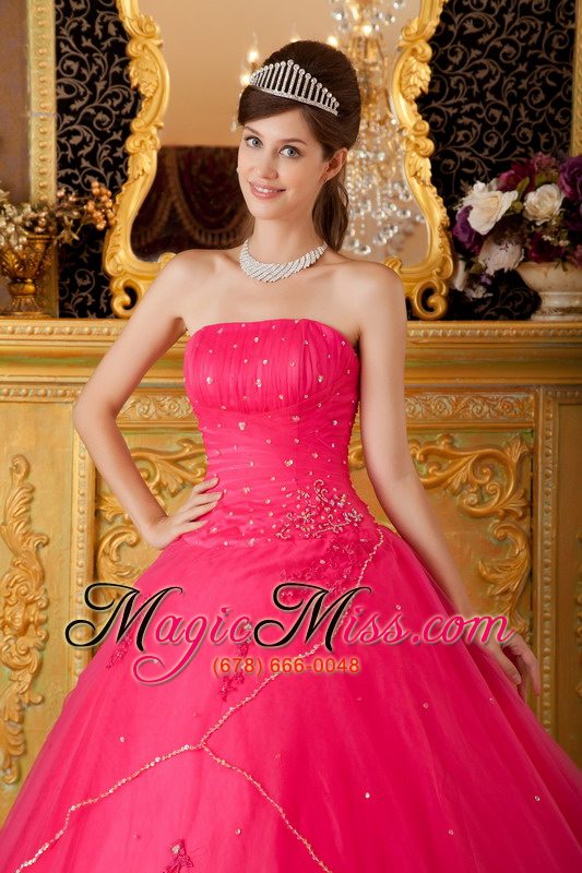 wholesale hot pink a-line / princess strapless floor-length tulle appliques quinceanera dress