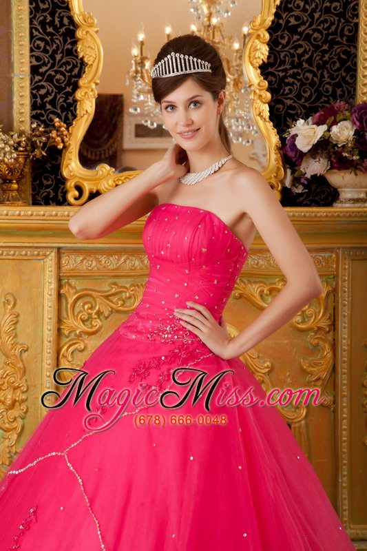 wholesale hot pink a-line / princess strapless floor-length tulle appliques quinceanera dress