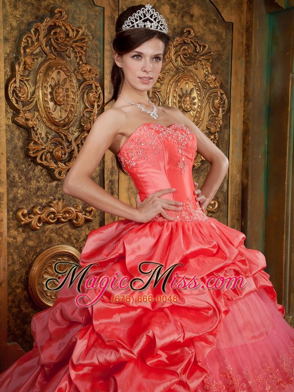 wholesale watermelon ball gown sweetheart floor-length taffeta and tulle lace appliques quinceanera dress