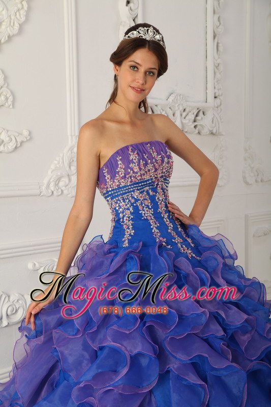 wholesale blue ball gown strapless floor-length organza beading and appliques quinceanera dress