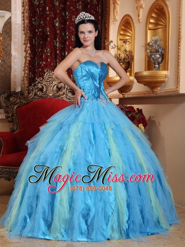 wholesale aqua blue ball gown sweetheart floor-length tulle beading quinceanera dress