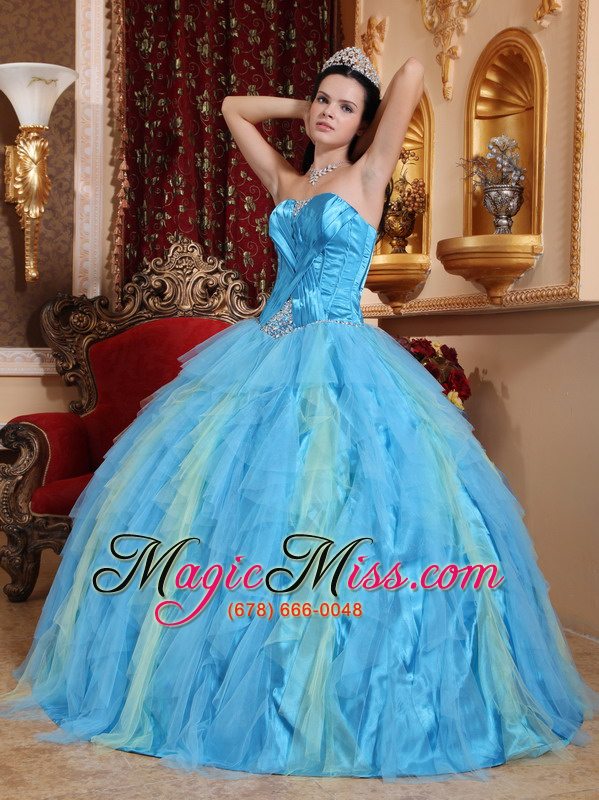 wholesale aqua blue ball gown sweetheart floor-length tulle beading quinceanera dress