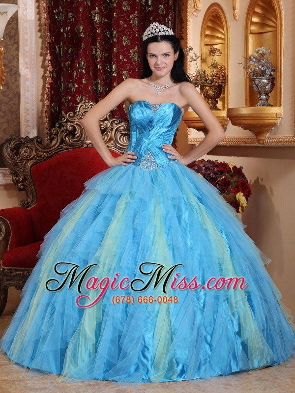 wholesale aqua blue ball gown sweetheart floor-length tulle beading quinceanera dress