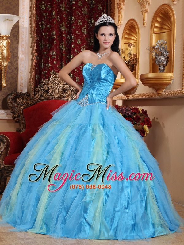 wholesale aqua blue ball gown sweetheart floor-length tulle beading quinceanera dress