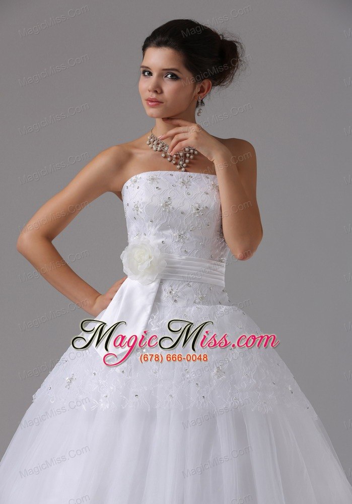 wholesale a-line wedding dress in anderson california with hand made flowers and lace bodice