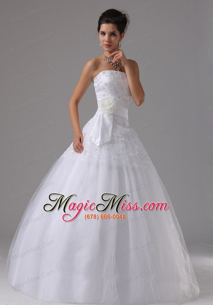 wholesale a-line wedding dress in anderson california with hand made flowers and lace bodice