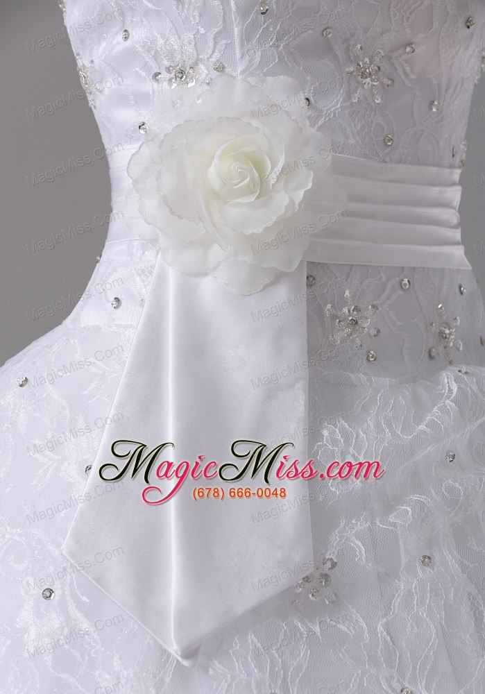 wholesale a-line wedding dress in anderson california with hand made flowers and lace bodice