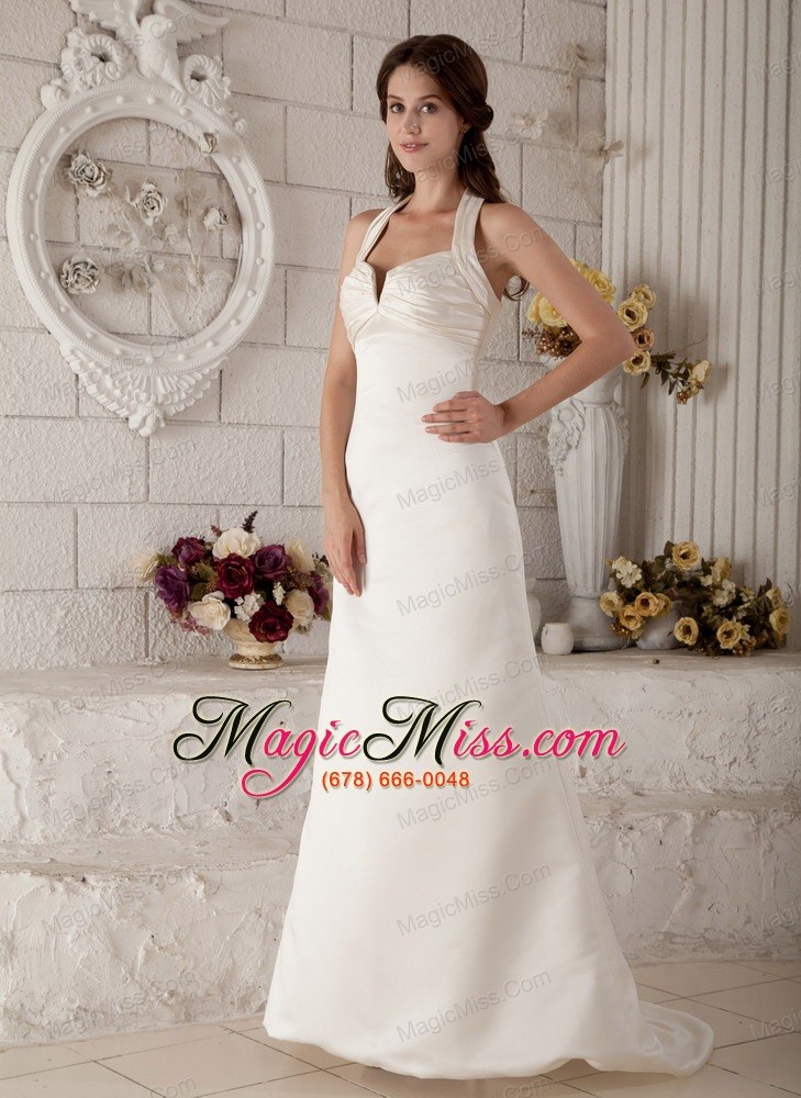 wholesale exclusive column halter brush train satin ruch wedding dress