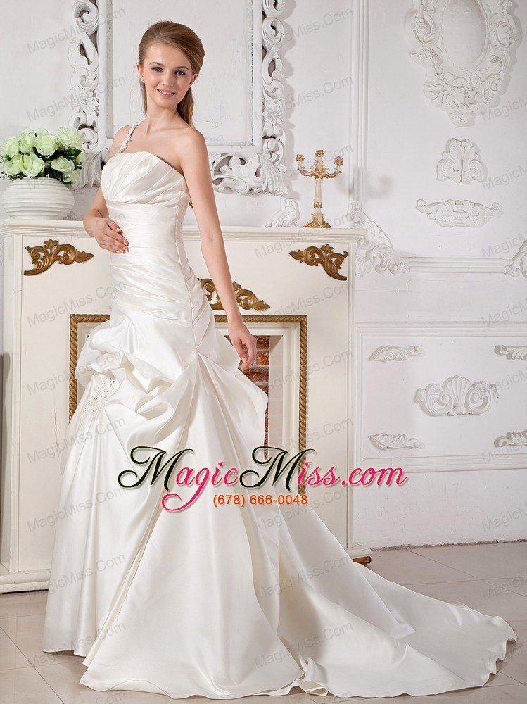 wholesale elegant a-line one shoulder court train taffeta appliques wedding dress