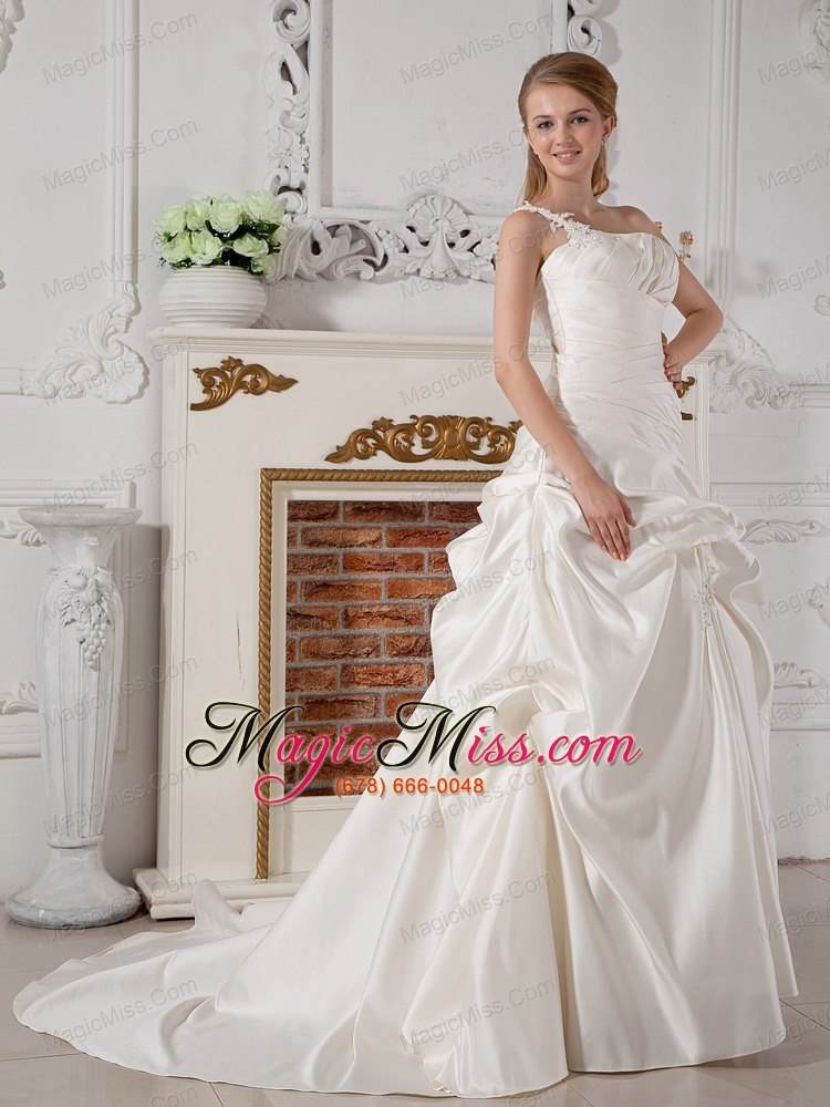 wholesale elegant a-line one shoulder court train taffeta appliques wedding dress