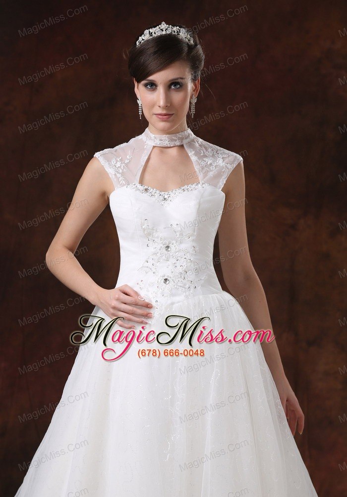 wholesale high neckline white organza appliques decorate wedding dress