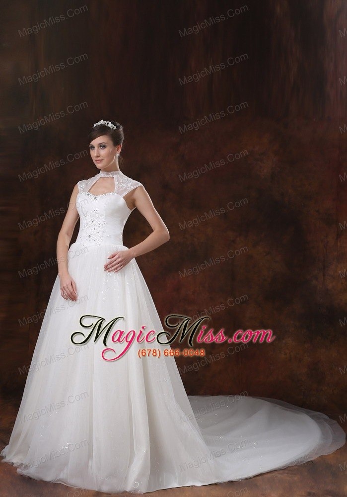 wholesale high neckline white organza appliques decorate wedding dress