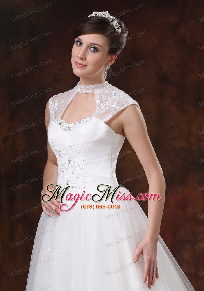 wholesale high neckline white organza appliques decorate wedding dress