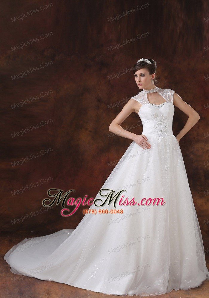 wholesale high neckline white organza appliques decorate wedding dress