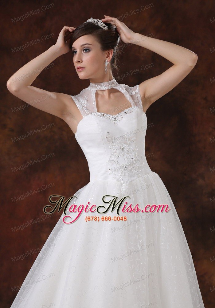 wholesale high neckline white organza appliques decorate wedding dress