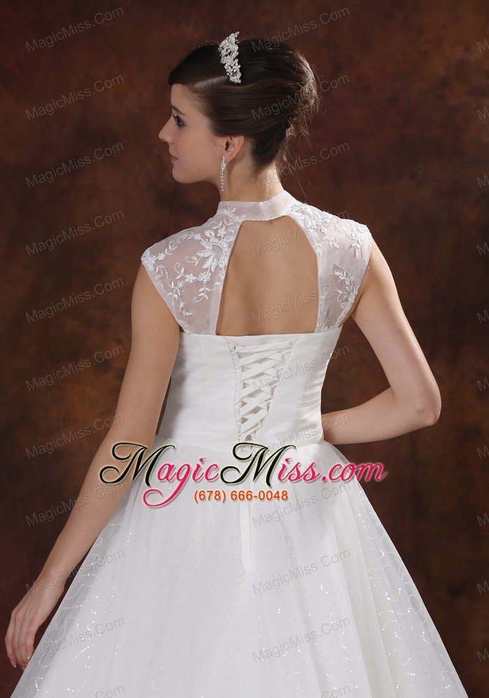 wholesale high neckline white organza appliques decorate wedding dress