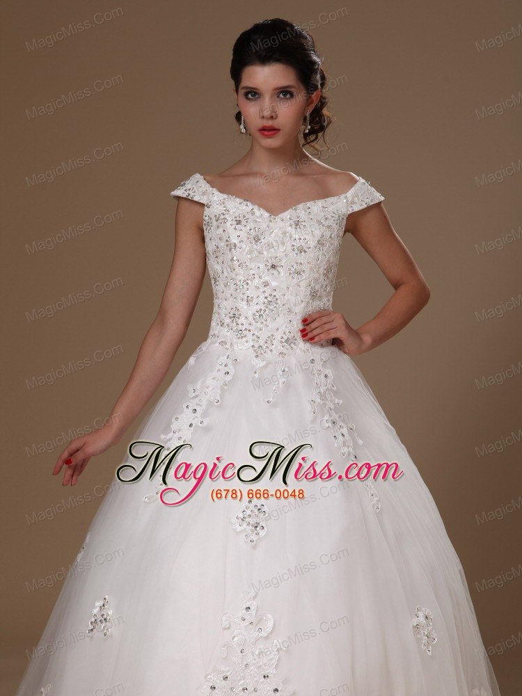 wholesale off shoulder a-line ppliques tulle church court train 2013 new styles wedding dress for custom made