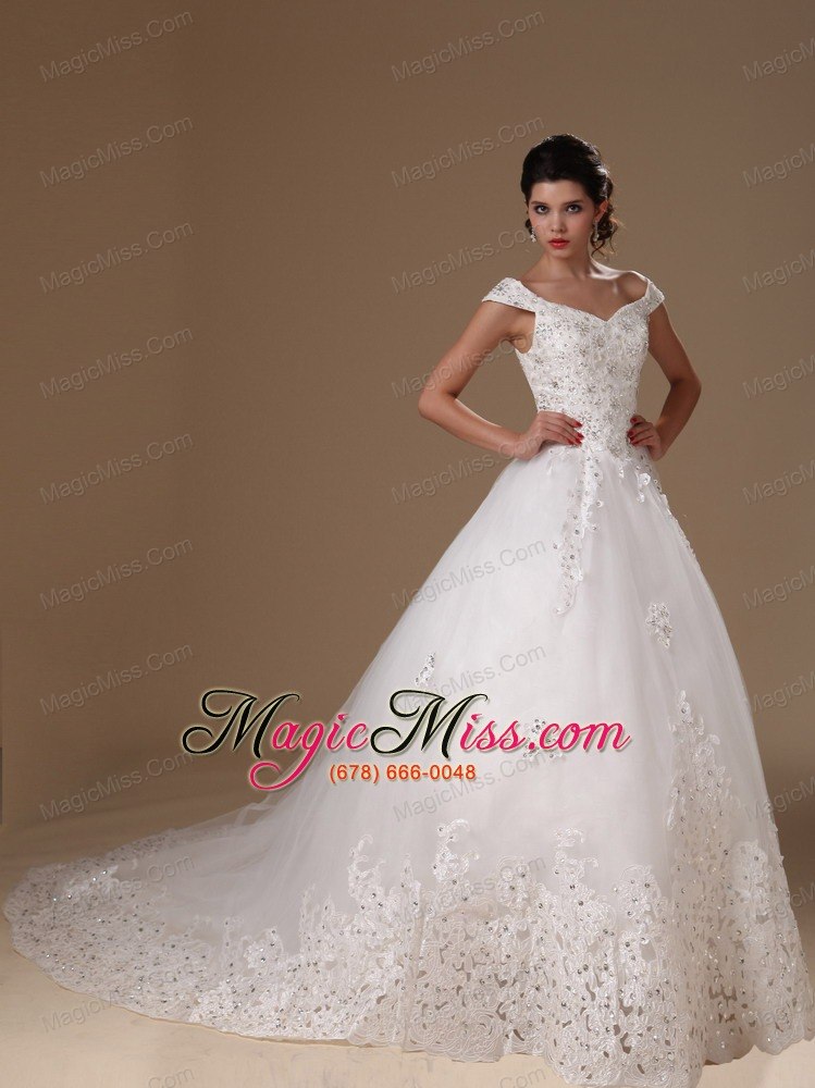 wholesale off shoulder a-line ppliques tulle church court train 2013 new styles wedding dress for custom made