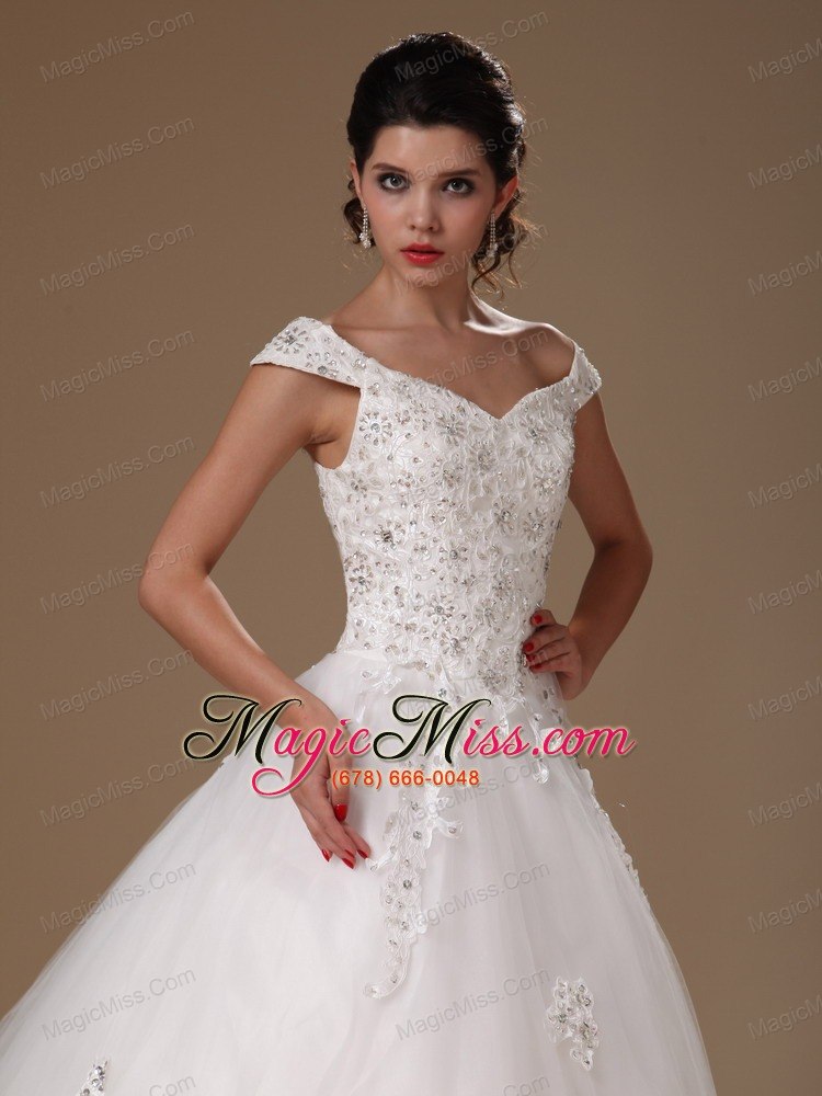 wholesale off shoulder a-line ppliques tulle church court train 2013 new styles wedding dress for custom made