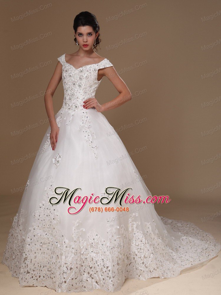 wholesale off shoulder a-line ppliques tulle church court train 2013 new styles wedding dress for custom made