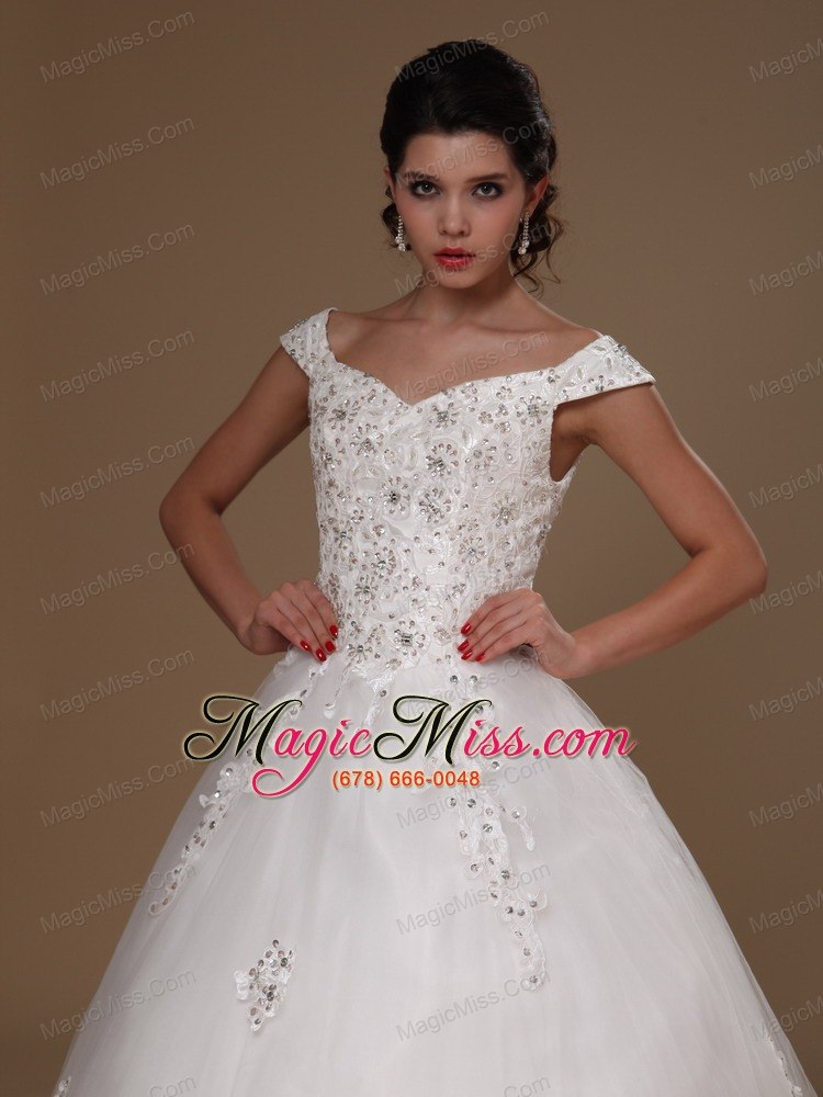 wholesale off shoulder a-line ppliques tulle church court train 2013 new styles wedding dress for custom made