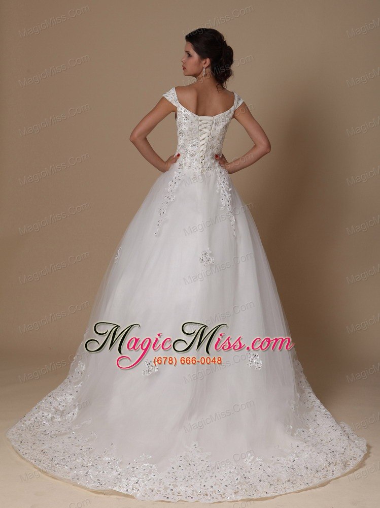 wholesale off shoulder a-line ppliques tulle church court train 2013 new styles wedding dress for custom made