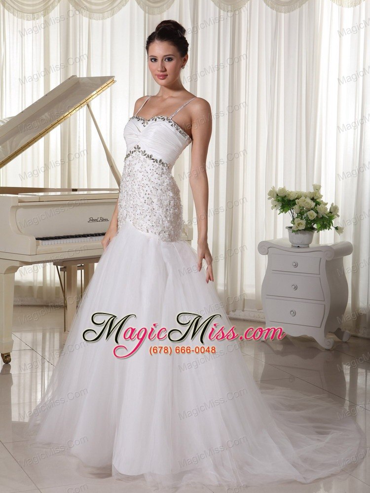 wholesale spaghetti straps taffeta and tulle a-line wedding dress with beaded decorate up bodice court train