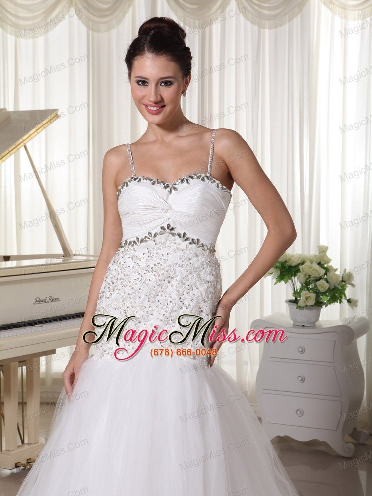 wholesale spaghetti straps taffeta and tulle a-line wedding dress with beaded decorate up bodice court train