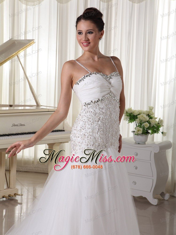 wholesale spaghetti straps taffeta and tulle a-line wedding dress with beaded decorate up bodice court train