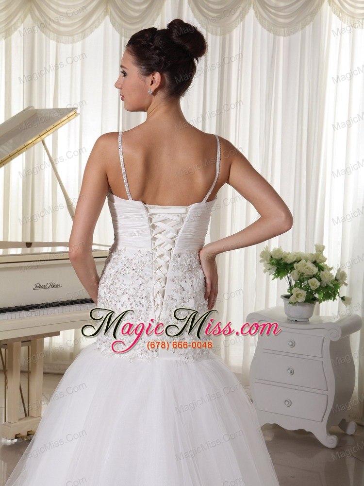 wholesale spaghetti straps taffeta and tulle a-line wedding dress with beaded decorate up bodice court train