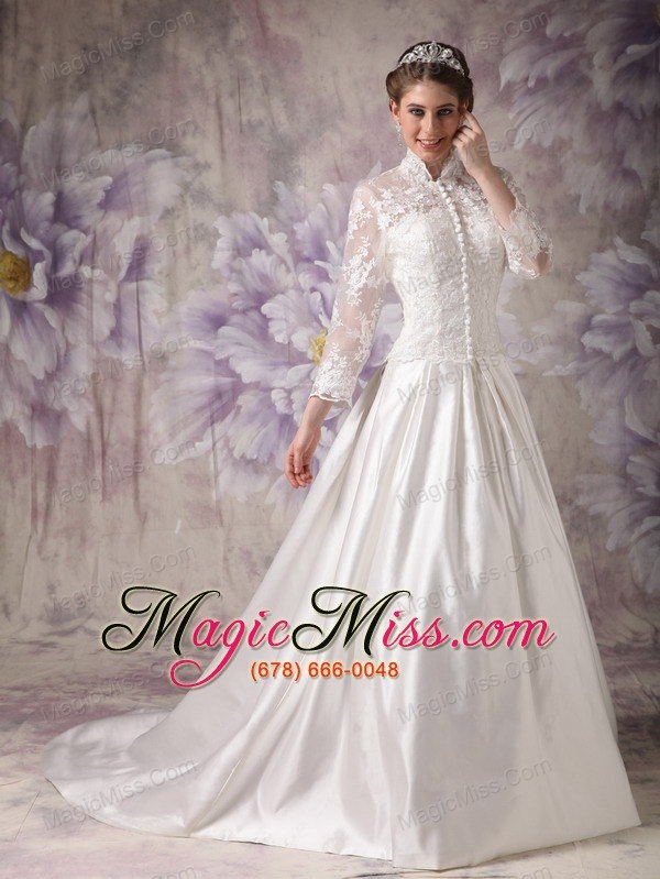 wholesale ivory a-line high-neck court train satin lace wedding dress