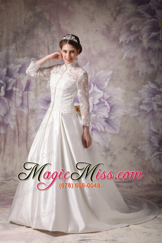 wholesale ivory a-line high-neck court train satin lace wedding dress