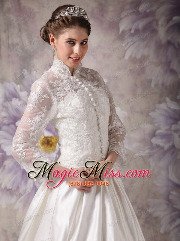 wholesale ivory a-line high-neck court train satin lace wedding dress