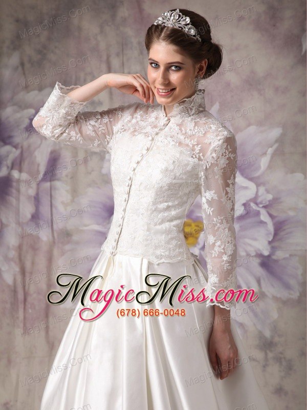 wholesale ivory a-line high-neck court train satin lace wedding dress