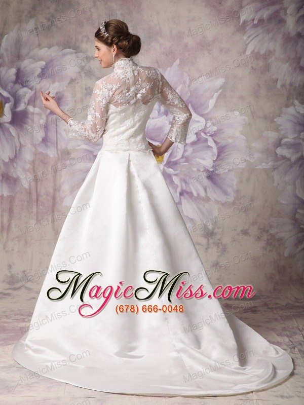 wholesale ivory a-line high-neck court train satin lace wedding dress