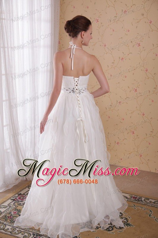 wholesale white a-line / princess halter brush train taffeta and organza rhinestones prom dress