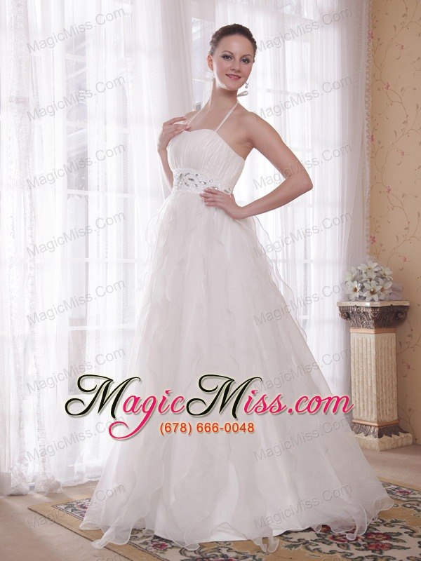 wholesale white a-line / princess halter brush train taffeta and organza rhinestones prom dress