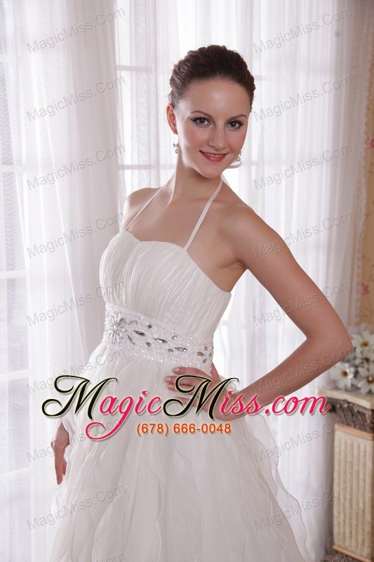 wholesale white a-line / princess halter brush train taffeta and organza rhinestones prom dress