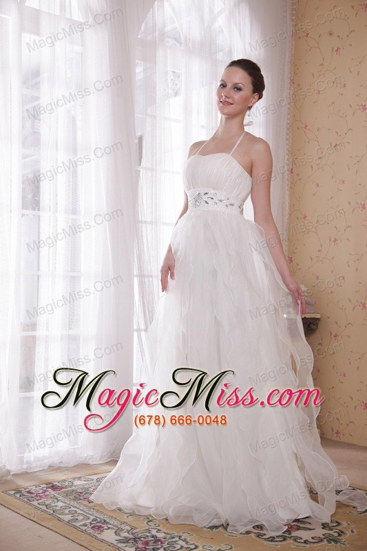 wholesale white a-line / princess halter brush train taffeta and organza rhinestones prom dress