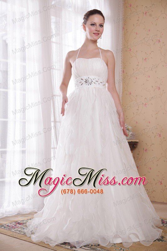 wholesale white a-line / princess halter brush train taffeta and organza rhinestones prom dress