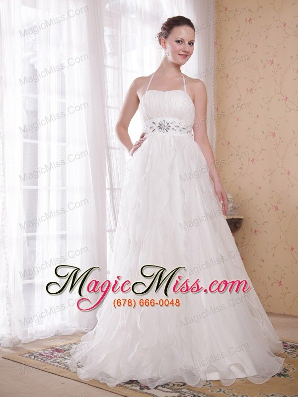 wholesale white a-line / princess halter brush train taffeta and organza rhinestones prom dress